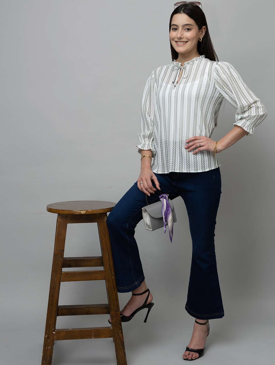 gwomen striped puff sleeev tie-up neck regular top - 22078538 - Standard Image - 4