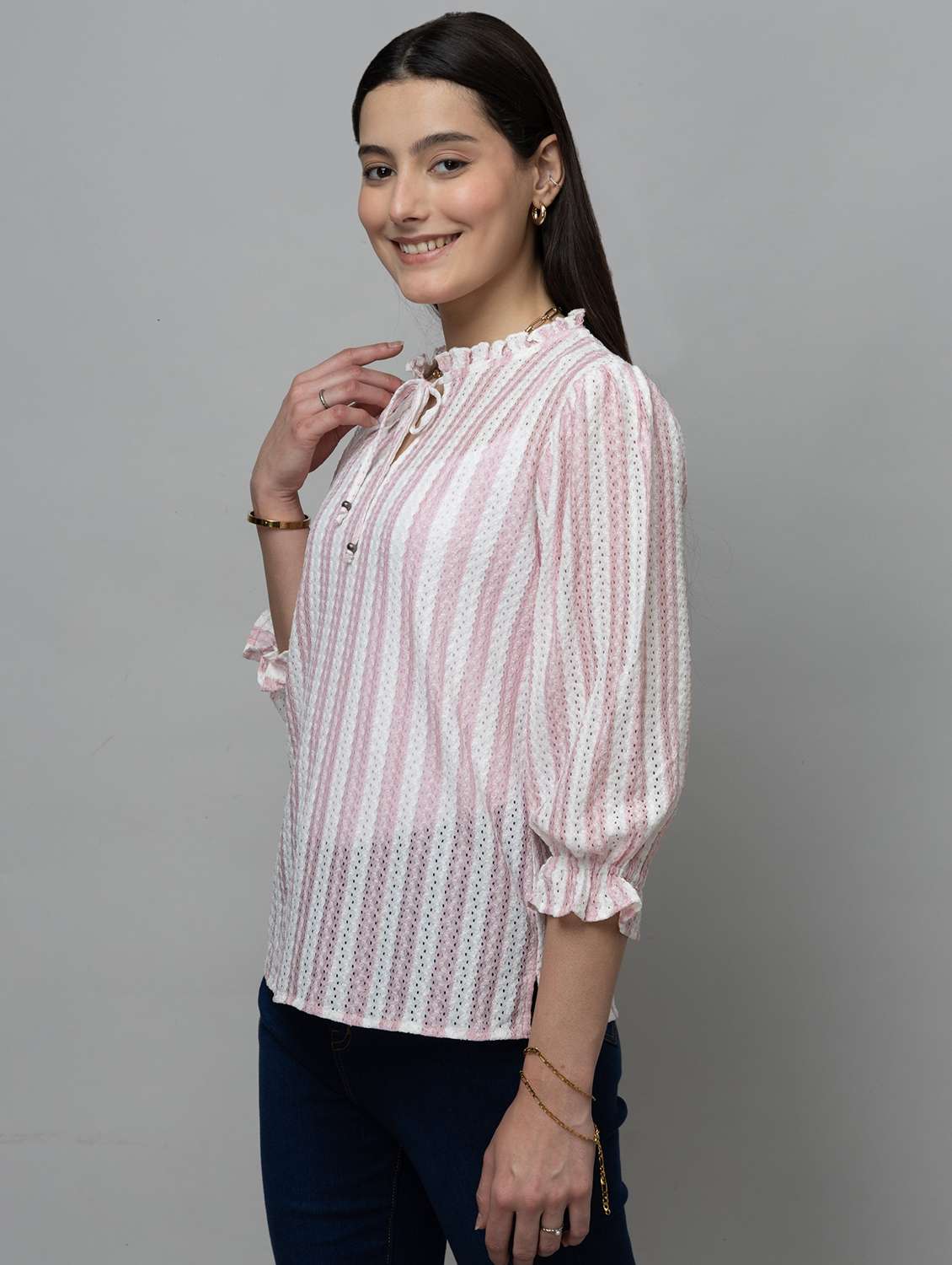 women striped toe up neck puff sleeve top - 22078539 - Standard Image - 1