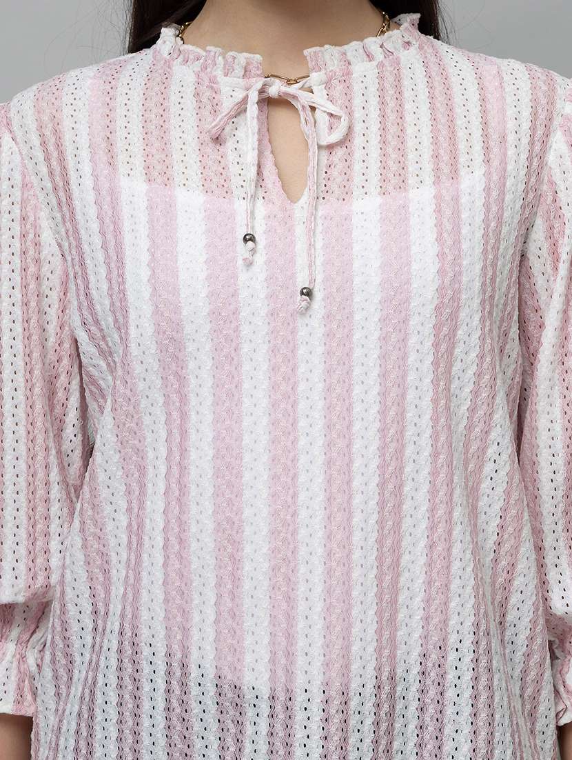 women striped toe up neck puff sleeve top - 22078539 - Standard Image - 4