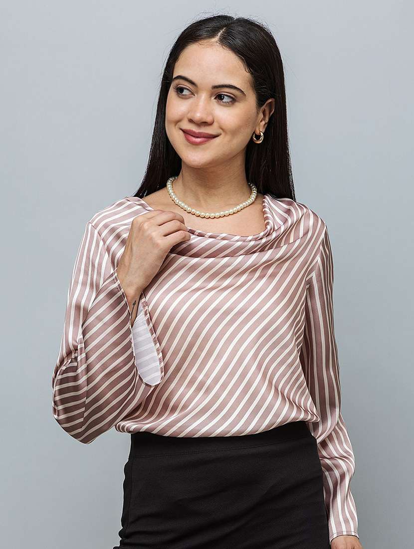 women striped cowl neck bell sleeve regular top