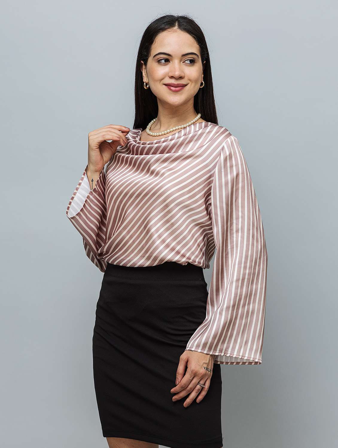 women striped cowl neck bell sleeve regular top - 22078540 - Standard Image - 1