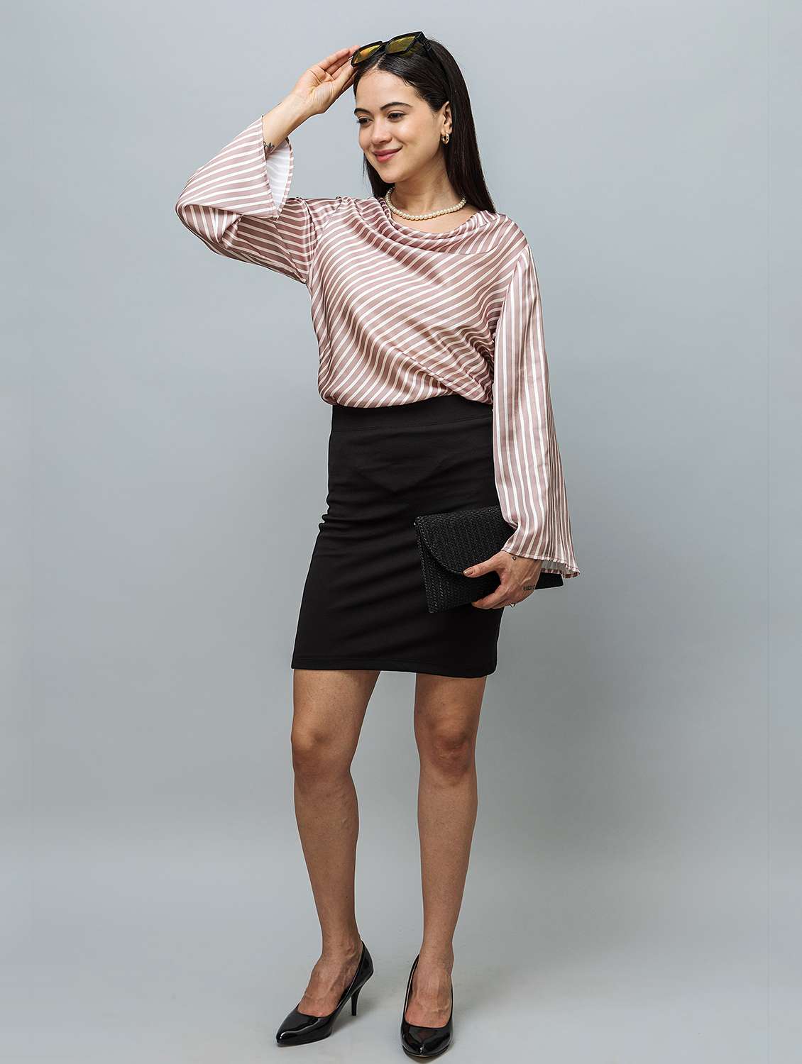 women striped cowl neck bell sleeve regular top - 22078540 - Standard Image - 4