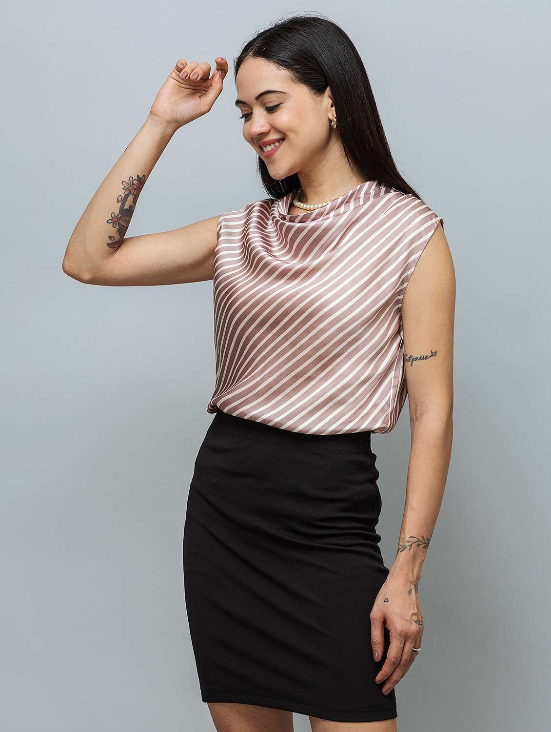 wome striped cowl neck sleeveless regular top - 22078541 - Standard Image - 1
