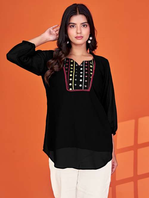 women solid with work three quarter sleeve a-line tunic - 22079150 -  Standard Image - 0