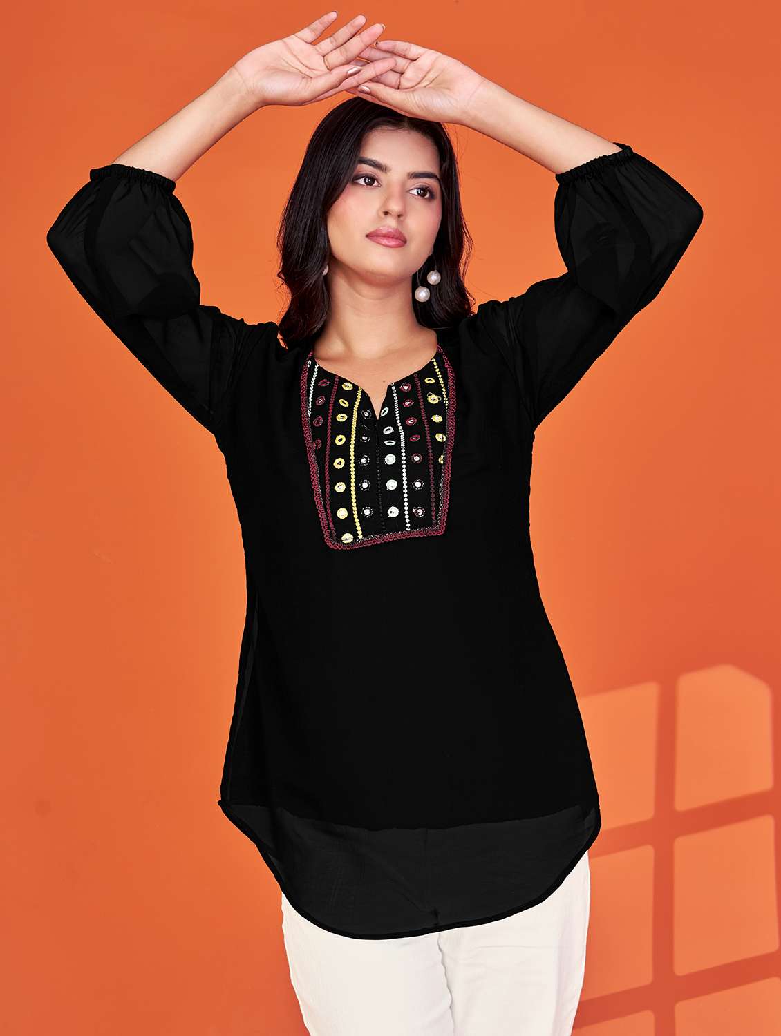 women solid with work three quarter sleeve a-line tunic - 22079150 - Standard Image - 1