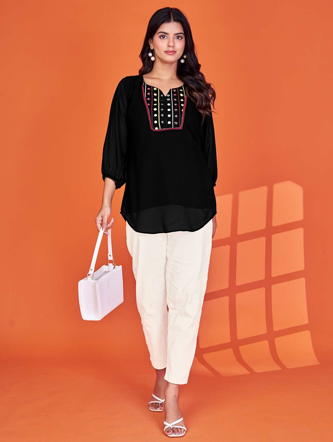 women solid with work three quarter sleeve a-line tunic - 22079150 - Standard Image - 4