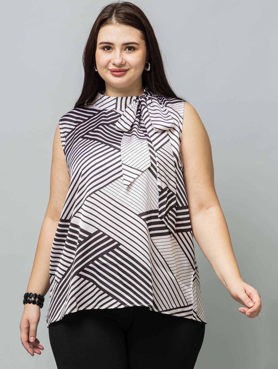 women plus size striped tie-up neck sleeveless top - 22079192 - Zoom Image - 0