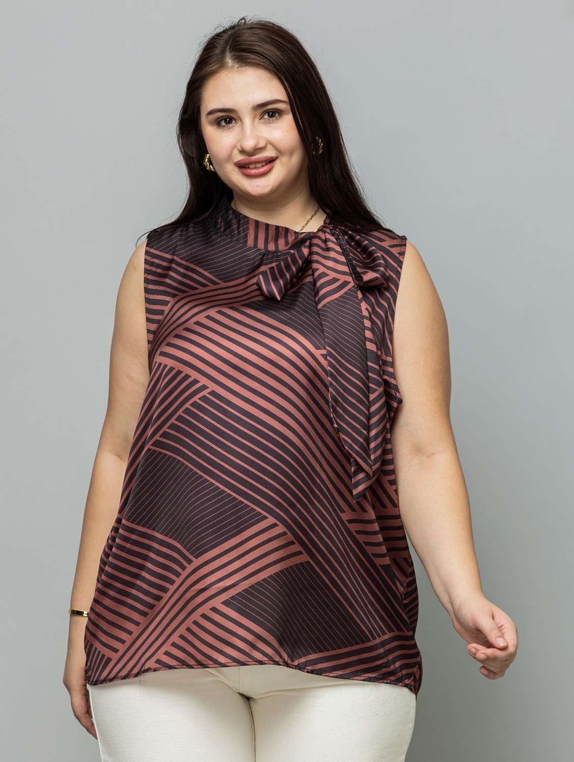 women plus size striped sleeveless tie-up neck top - 22079193 -  Zoom Image - 0