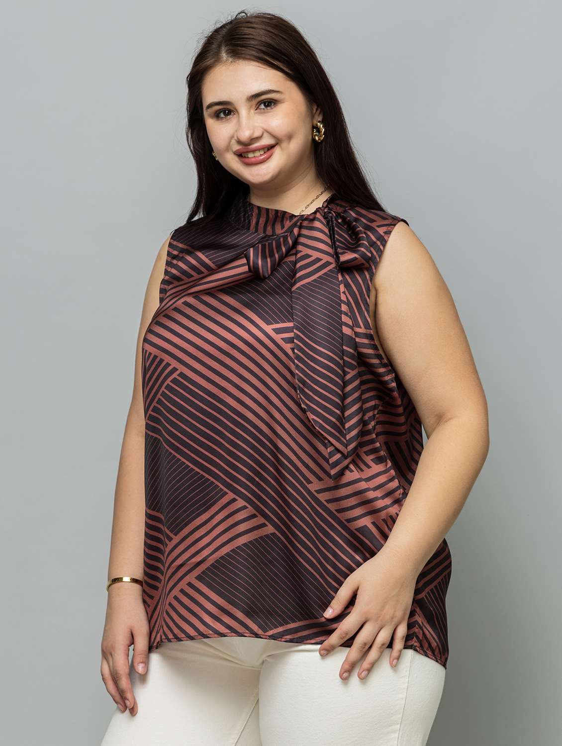women plus size striped sleeveless tie-up neck top - 22079193 -  Standard Image - 1