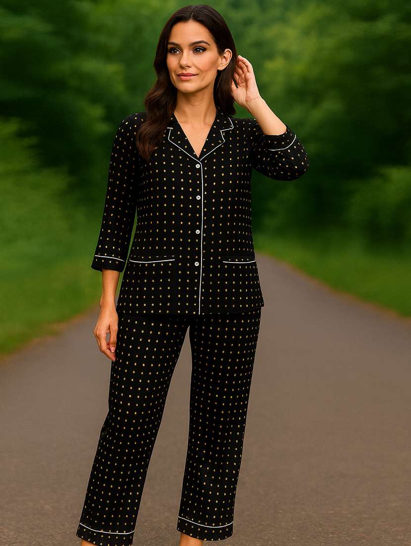women printed lapel neck pyjama set nightwear - 22079197 - Standard Image - 6