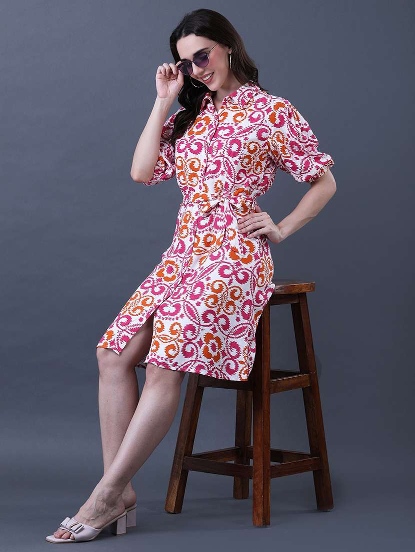 women printed collared puff sleeve shirt dress - 22079198 - Standard Image - 1