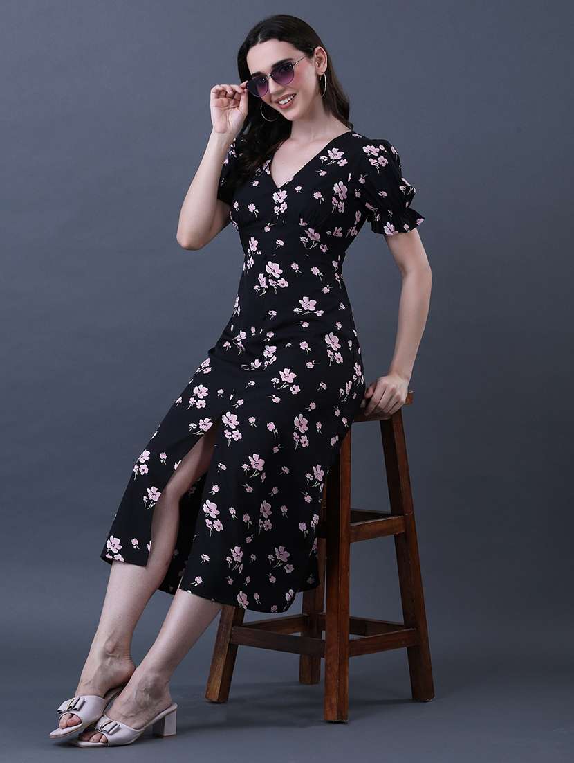 women floral print puff sleeve a-line dress
