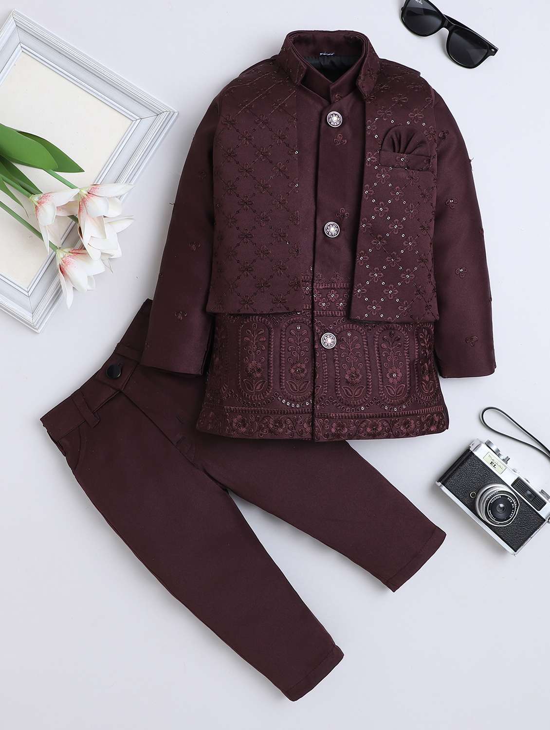 boys embroidered long sleeve sherwani set