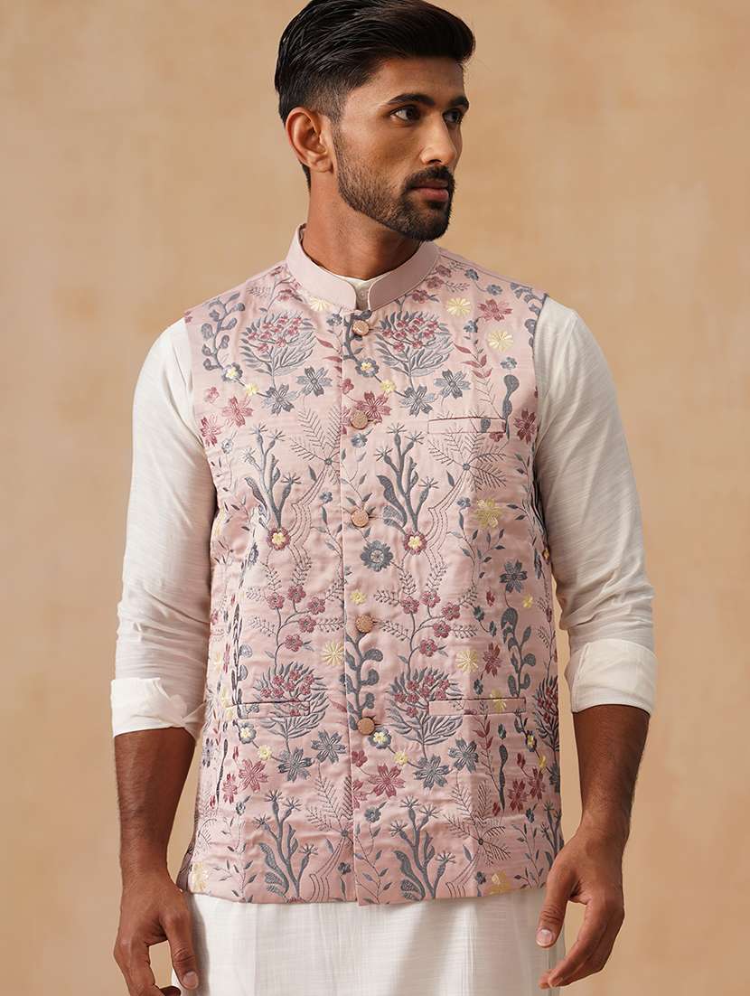 men embroidered mandarin neck nehru jacket - 22079220 -  Standard Image - 1