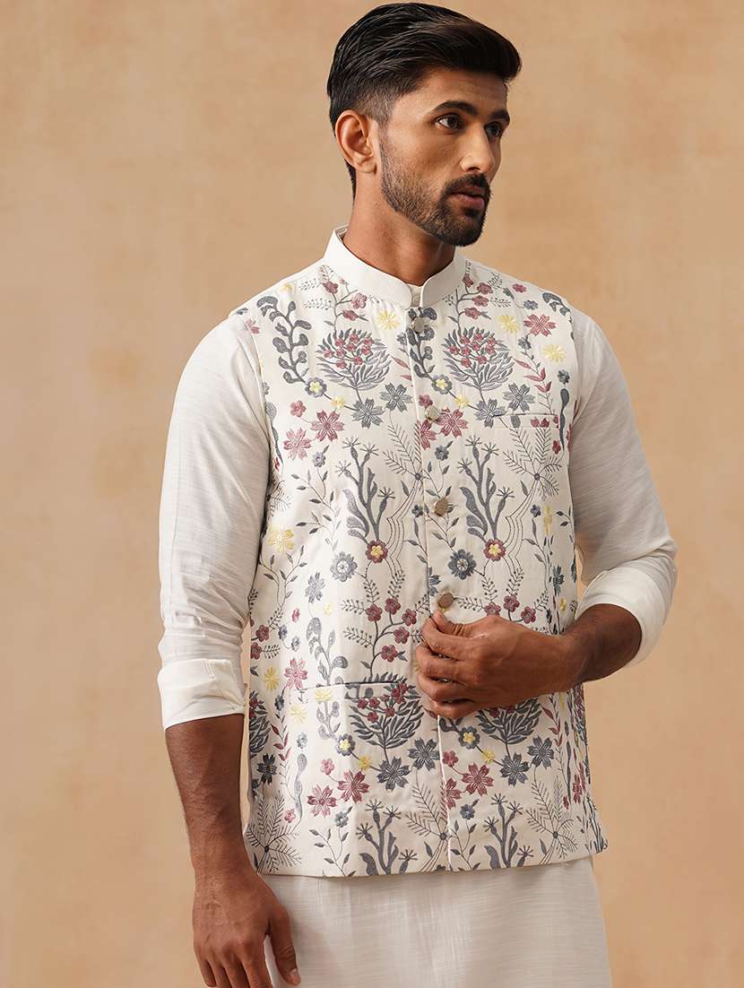 men embroidered mandarin neck nehru jacket - 22079221 -  Standard Image - 1