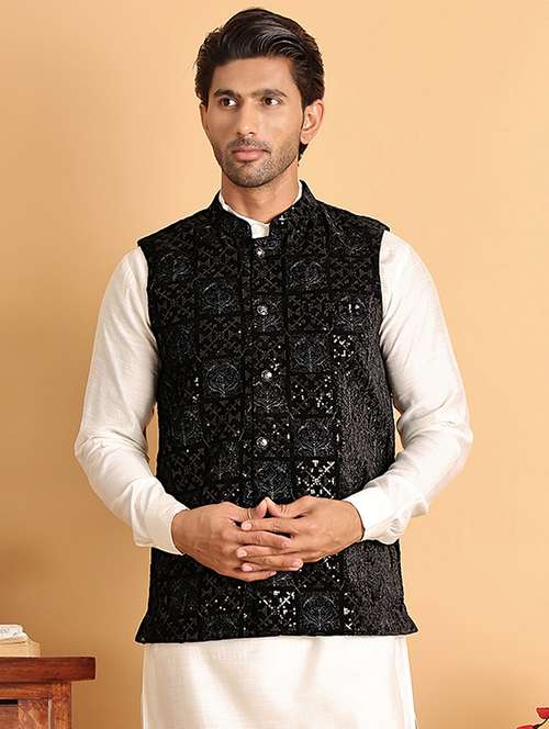 men embroidered mandarin neck nehru jacket - 22079223 -  Standard Image - 0