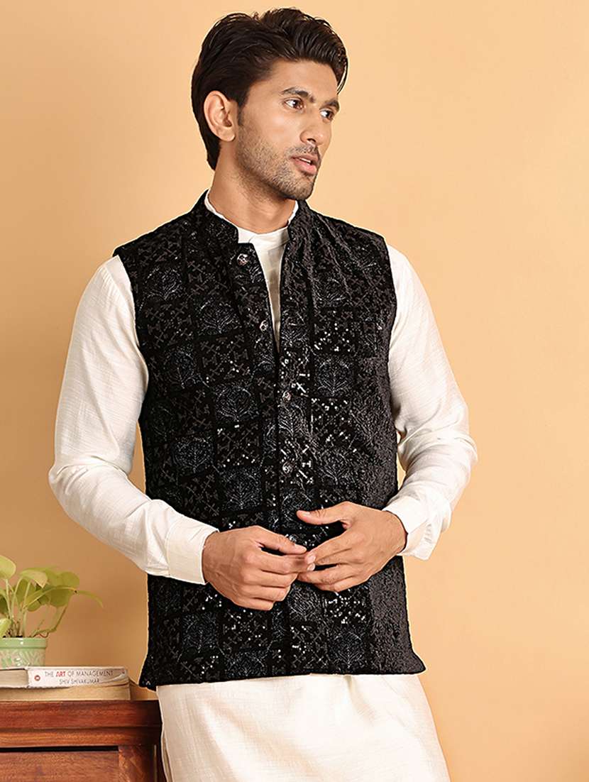 men embroidered mandarin neck nehru jacket - 22079223 - Standard Image - 1