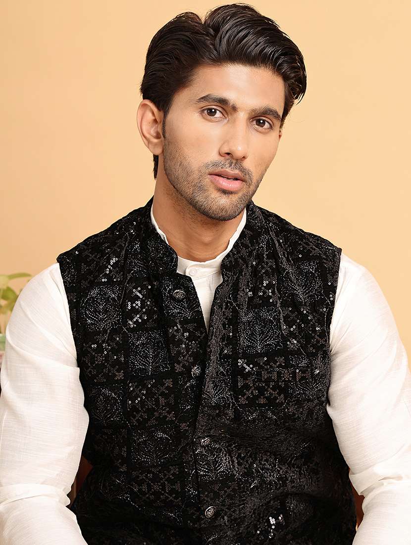 men embroidered mandarin neck nehru jacket - 22079223 - Standard Image - 4