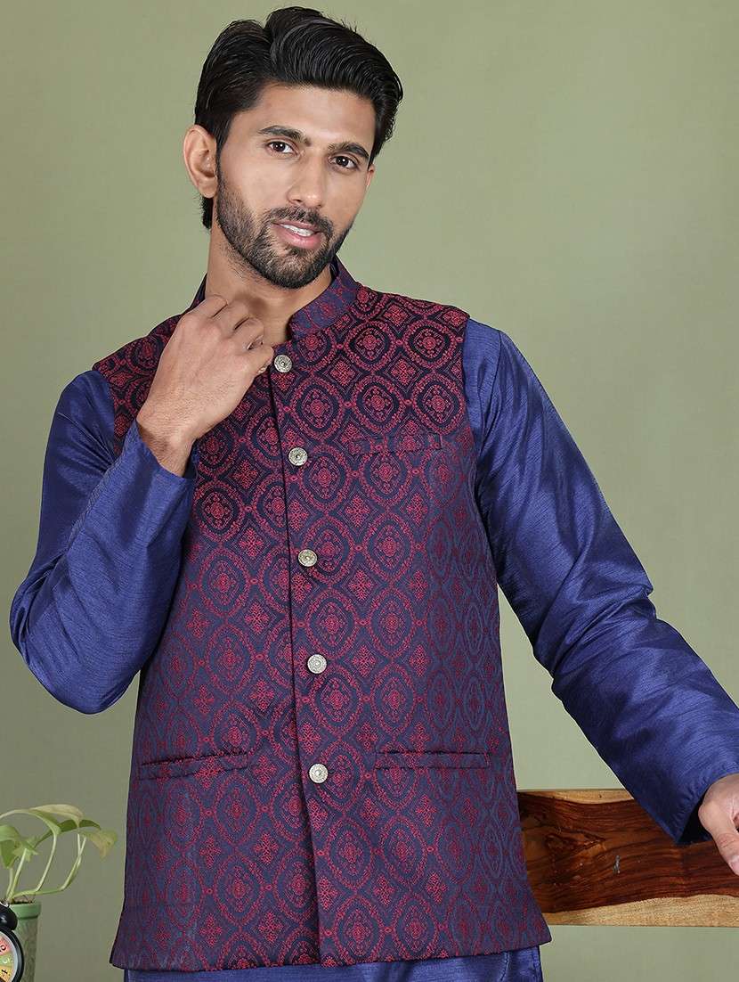 men self design mandarin neck nehru jacket - 22079226 -  Standard Image - 1