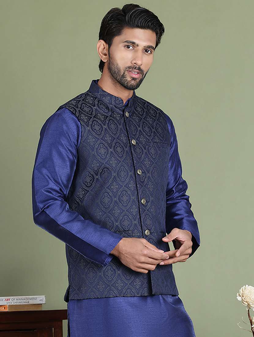men self design mandarin neck nehru jacket - 22079227 -  Standard Image - 1