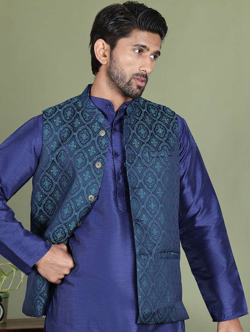 men self design mandarin neck nehru jacket - 22079228 -  Standard Image - 1