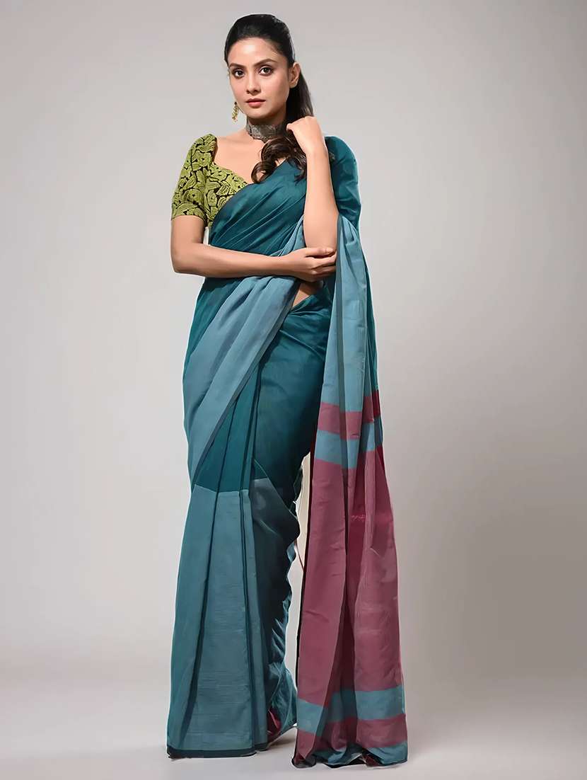 women teal handloom saree with blouse - 22079285 -  Standard Image - 1