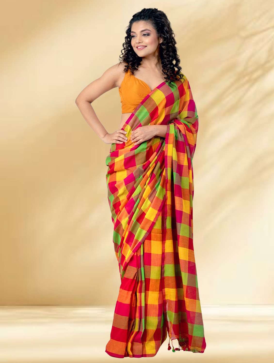 women checkered handloom saree with blouse - 22079298 -  Standard Image - 1
