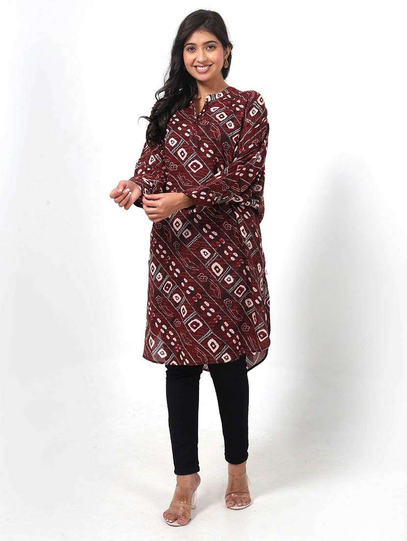 women printed long sleeve high low tunic - 22079399 -  Standard Image - 1