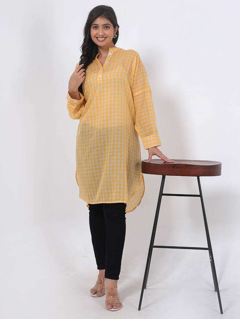 women checkered long sleeve high low tunic