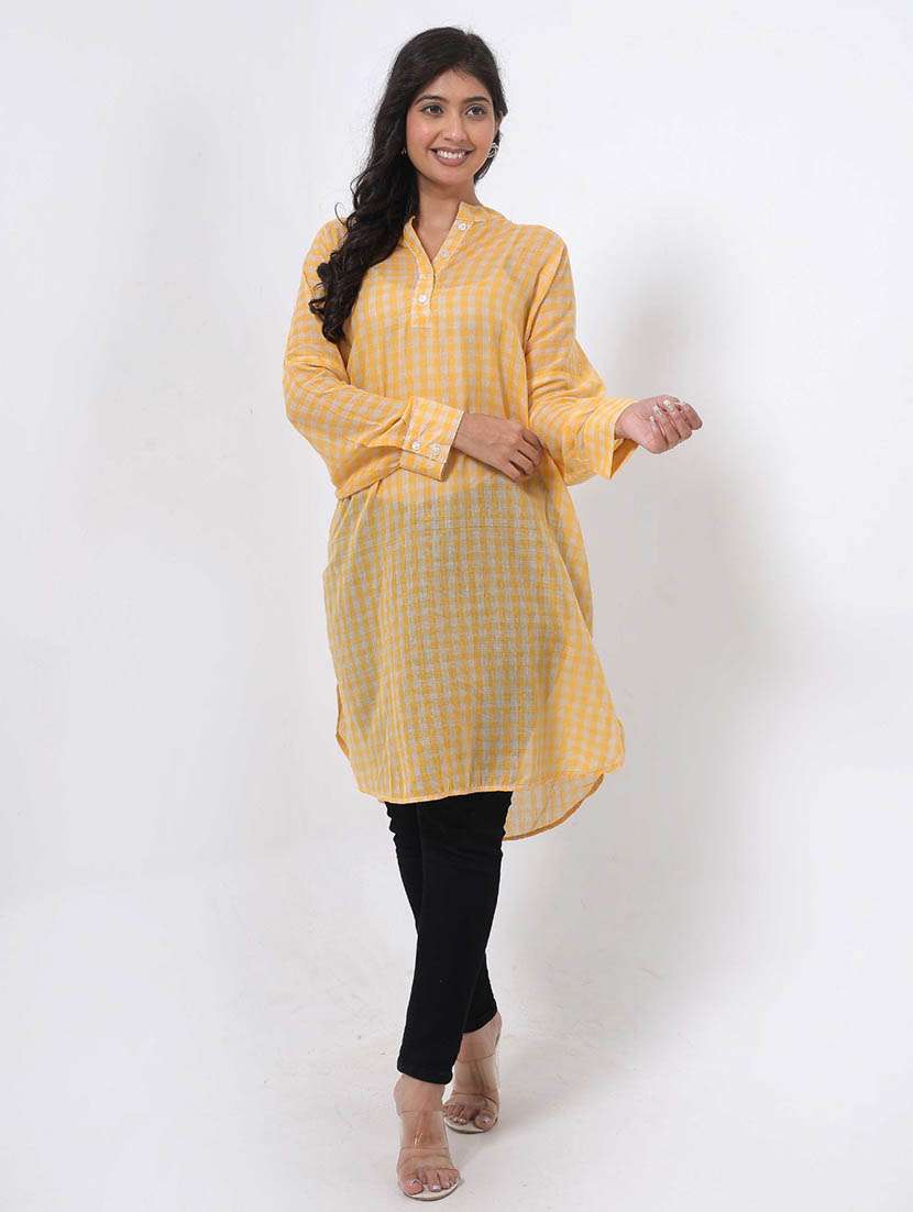 women checkered long sleeve high low tunic - 22079400 -  Standard Image - 1