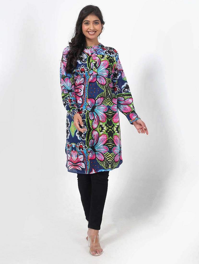 women printed long sleeve high low tunic - 22079403 -  Standard Image - 1