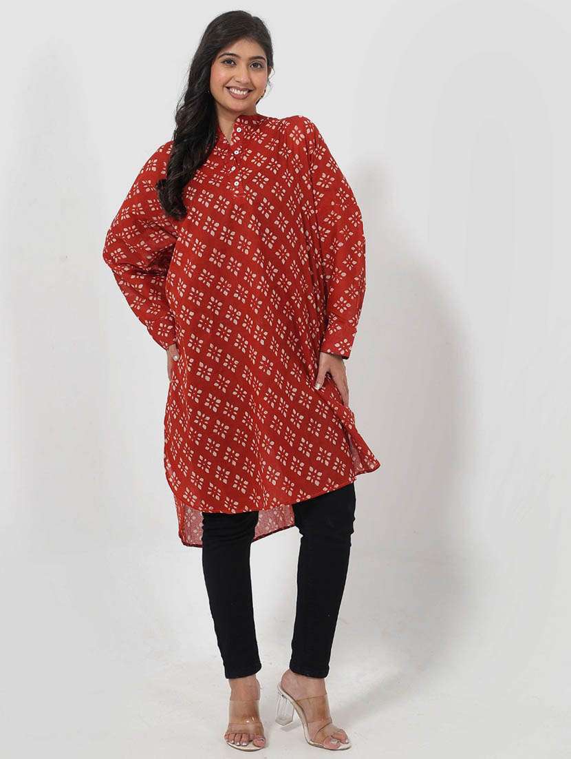 women printed long sleeve high low tunic