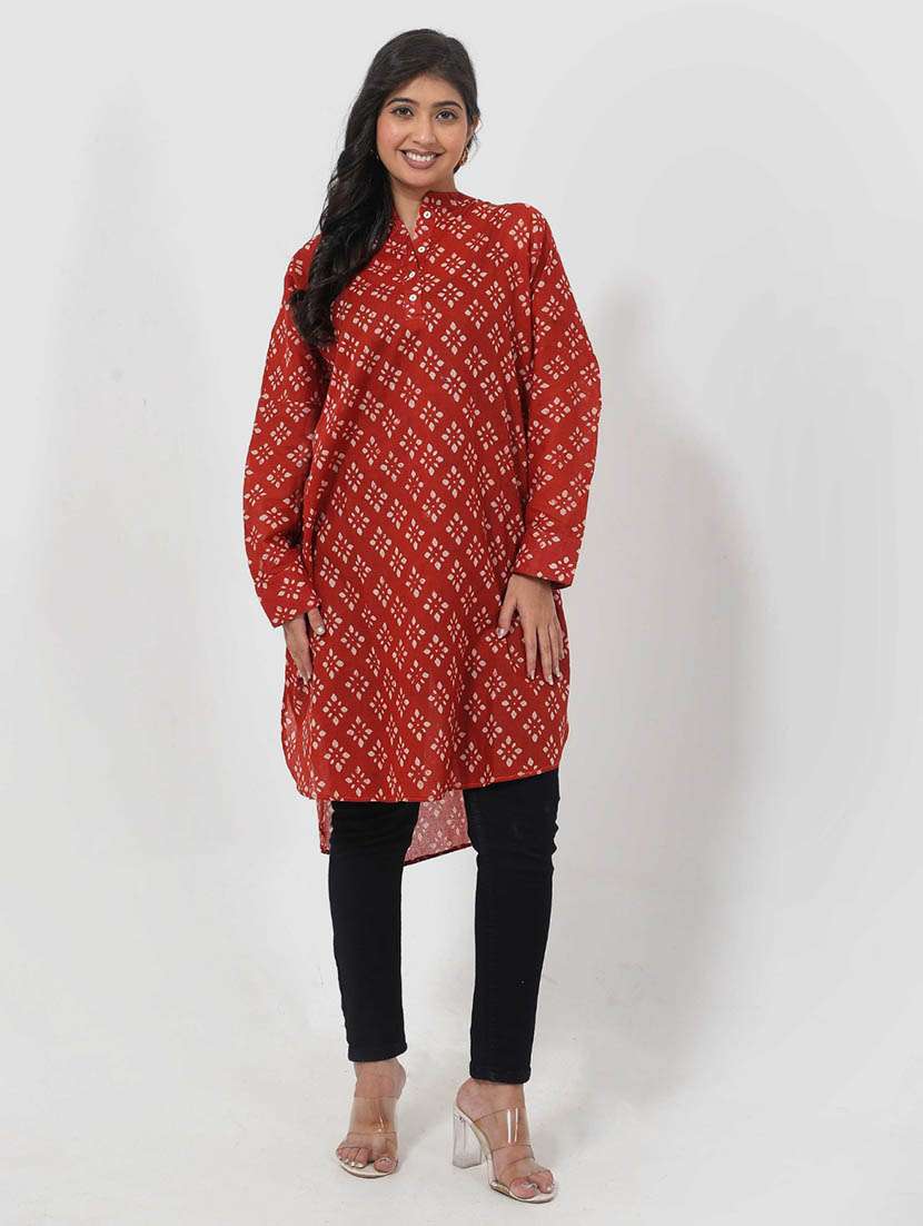 women printed long sleeve high low tunic - 22079404 -  Standard Image - 1