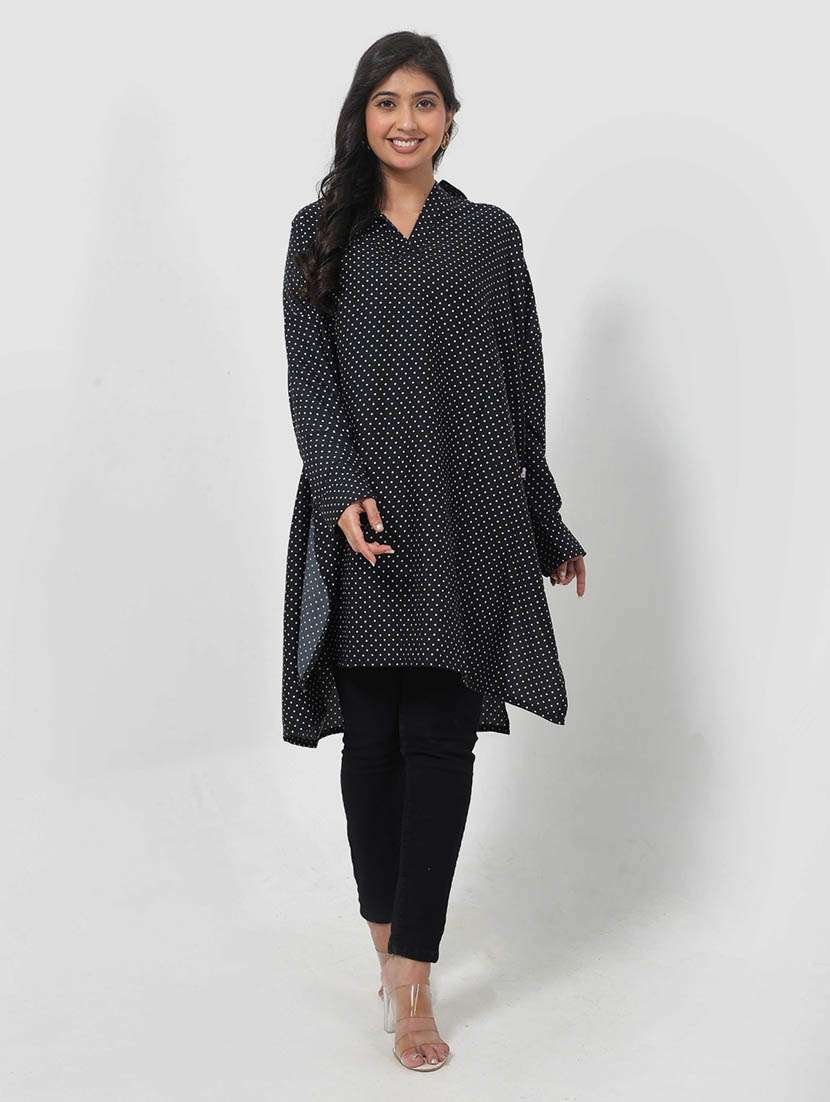 women polka doted long sleeve high low tunic - 22079407 -  Standard Image - 1