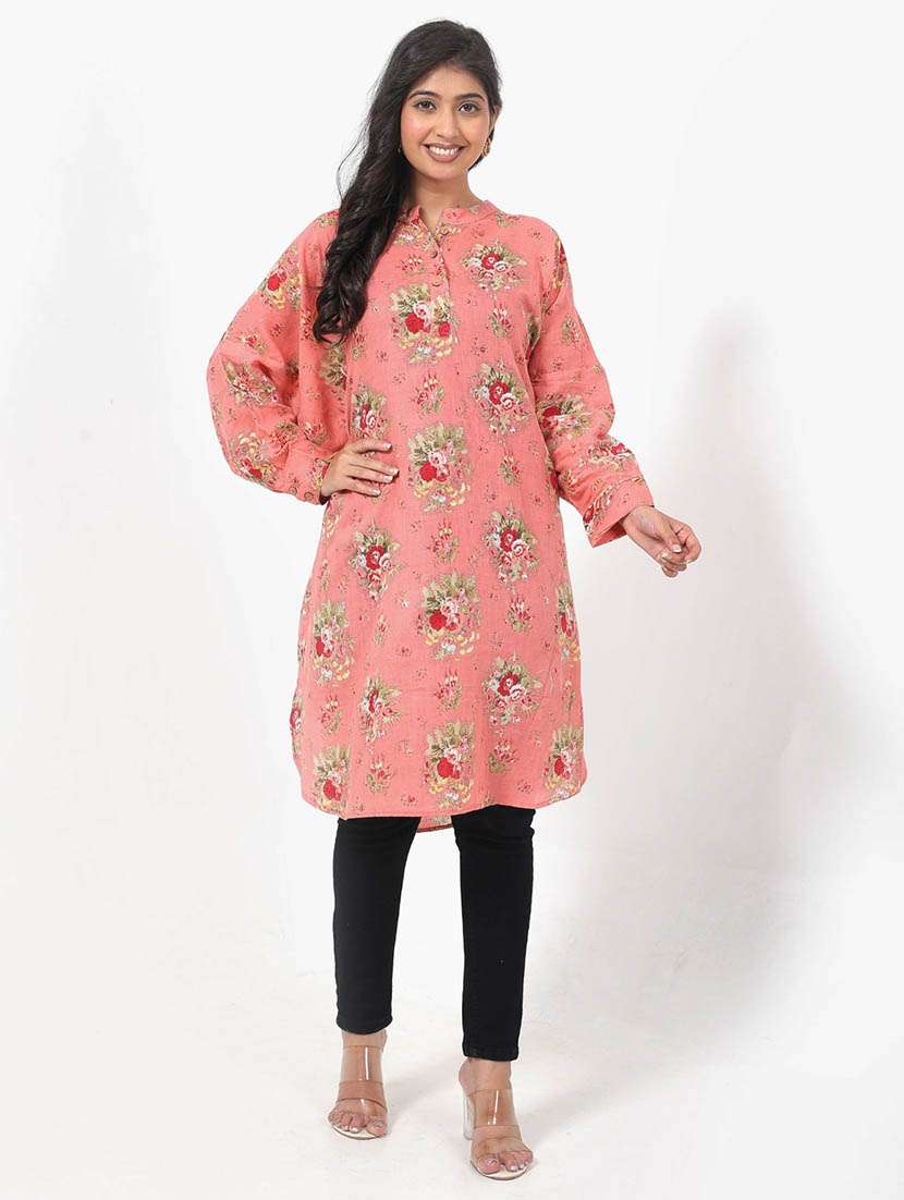 women printed long sleeve high low tunic - 22079409 - Standard Image - 1