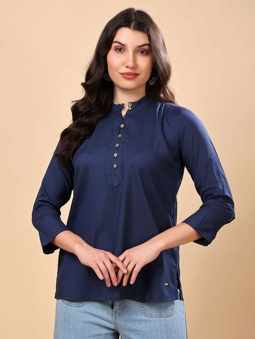 women solid three quarter sleeve regular top - 22079535 - Standard Image - 0