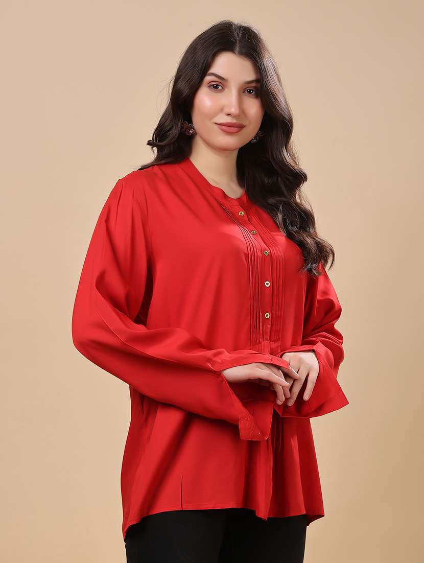 women solid mandarin neck long sleeve top - 22079536 -  Standard Image - 1