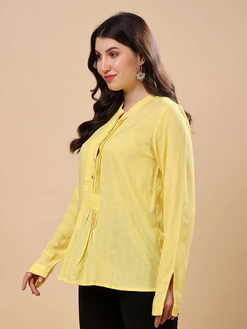 women solid mandarin neck long sleeve top - 22079537 - Standard Image - 1