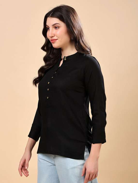 women black solid mandarin neck regular top - 22079538 -  Standard Image - 1