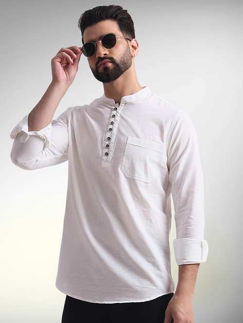 men solid mandarin neck short kurta - 22079713 -  Standard Image - 0
