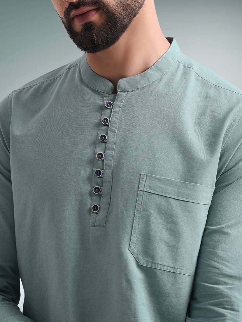 men solid mandarin neck short kurta - 22079722 - Standard Image - 4