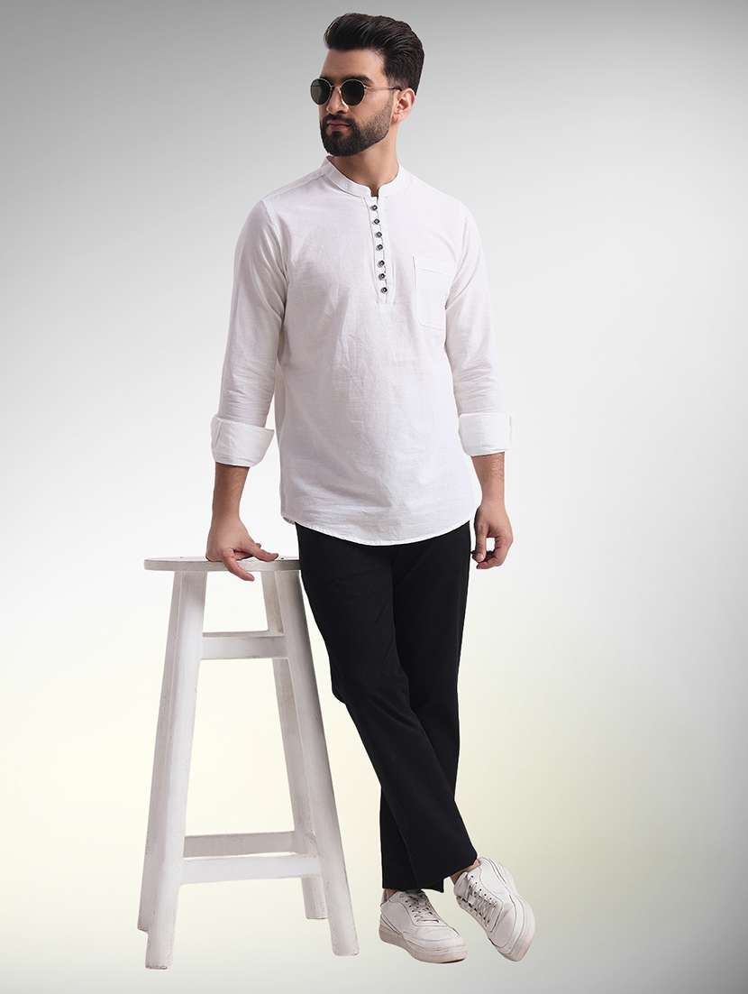men solid mandarin neck short kurta - 22079723 - Standard Image - 4
