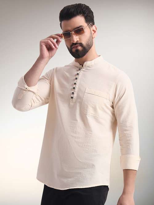 men solid mandarin neck short kurta - 22079724 -  Standard Image - 0