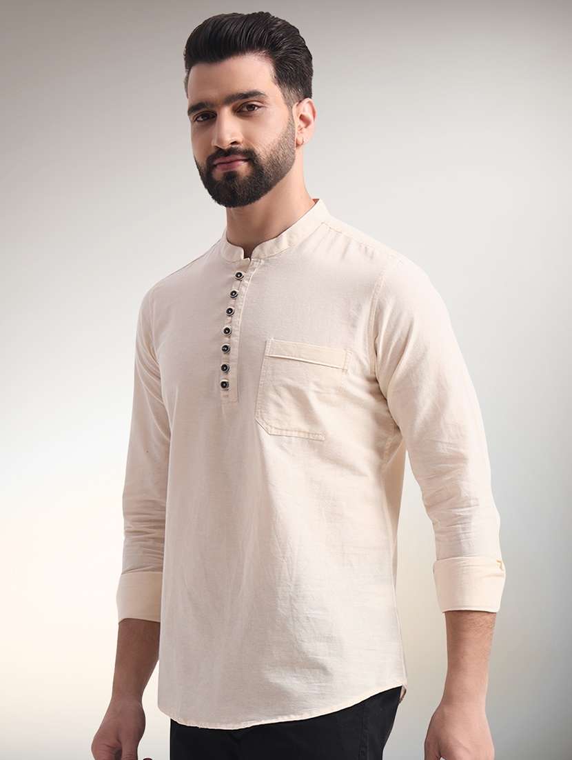 men solid mandarin neck short kurta - 22079724 - Standard Image - 1