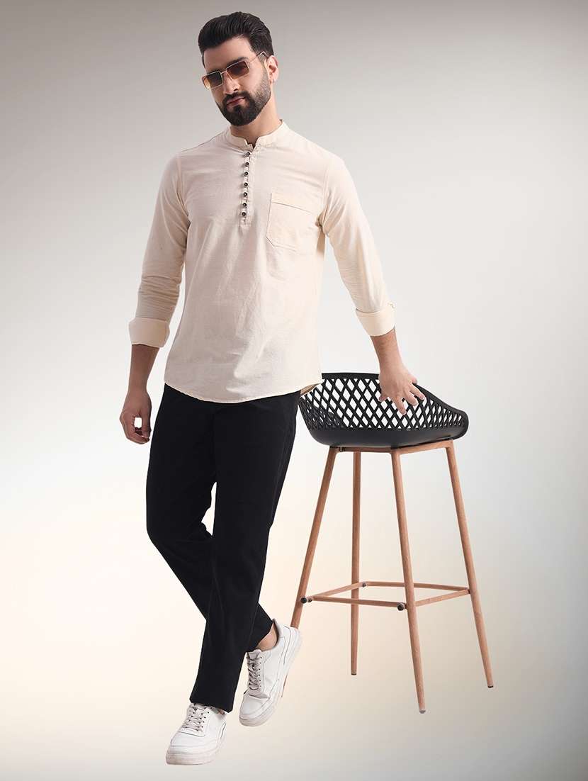 men solid mandarin neck short kurta - 22079724 - Standard Image - 4