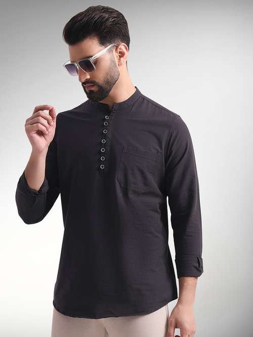 men solid mandarin neck short kurta - 22079725 -  Standard Image - 0