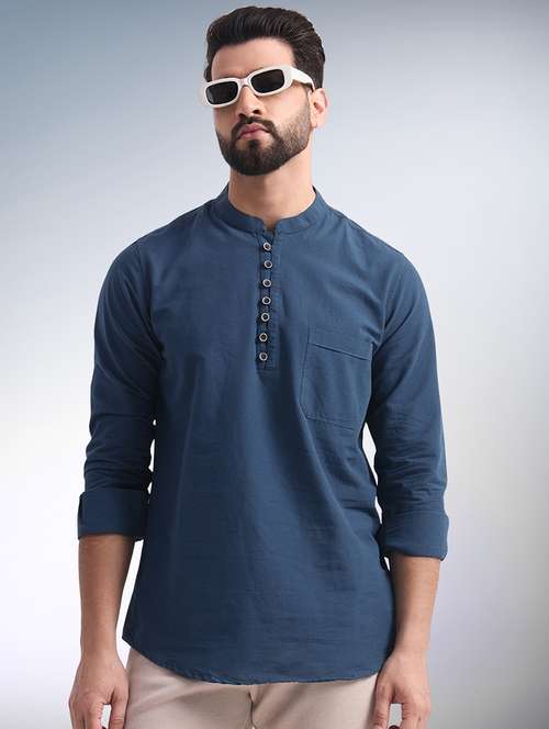 men solid mandarin neck short kurta - 22079726 -  Standard Image - 0