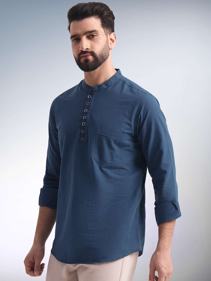 men solid mandarin neck short kurta - 22079726 -  Standard Image - 1