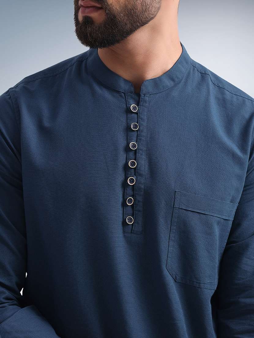 men solid mandarin neck short kurta - 22079726 -  Standard Image - 4