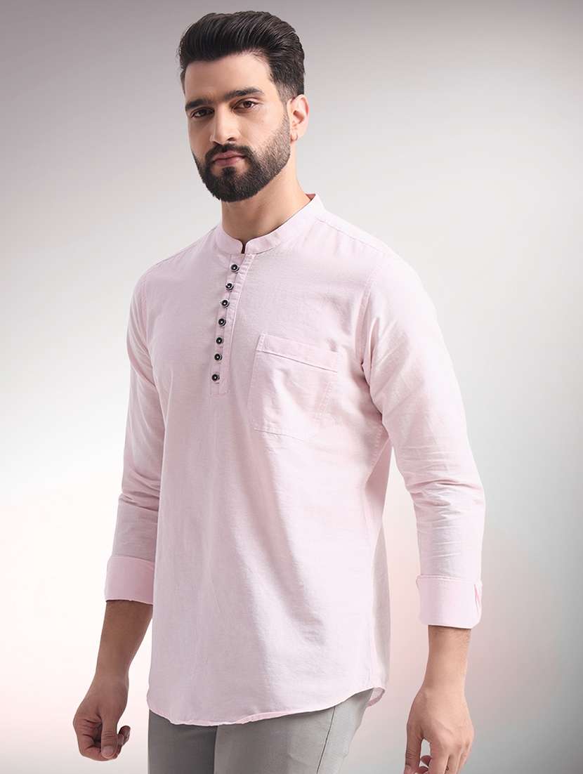 men solid mandarin neck short kurta - 22079727 - Standard Image - 1